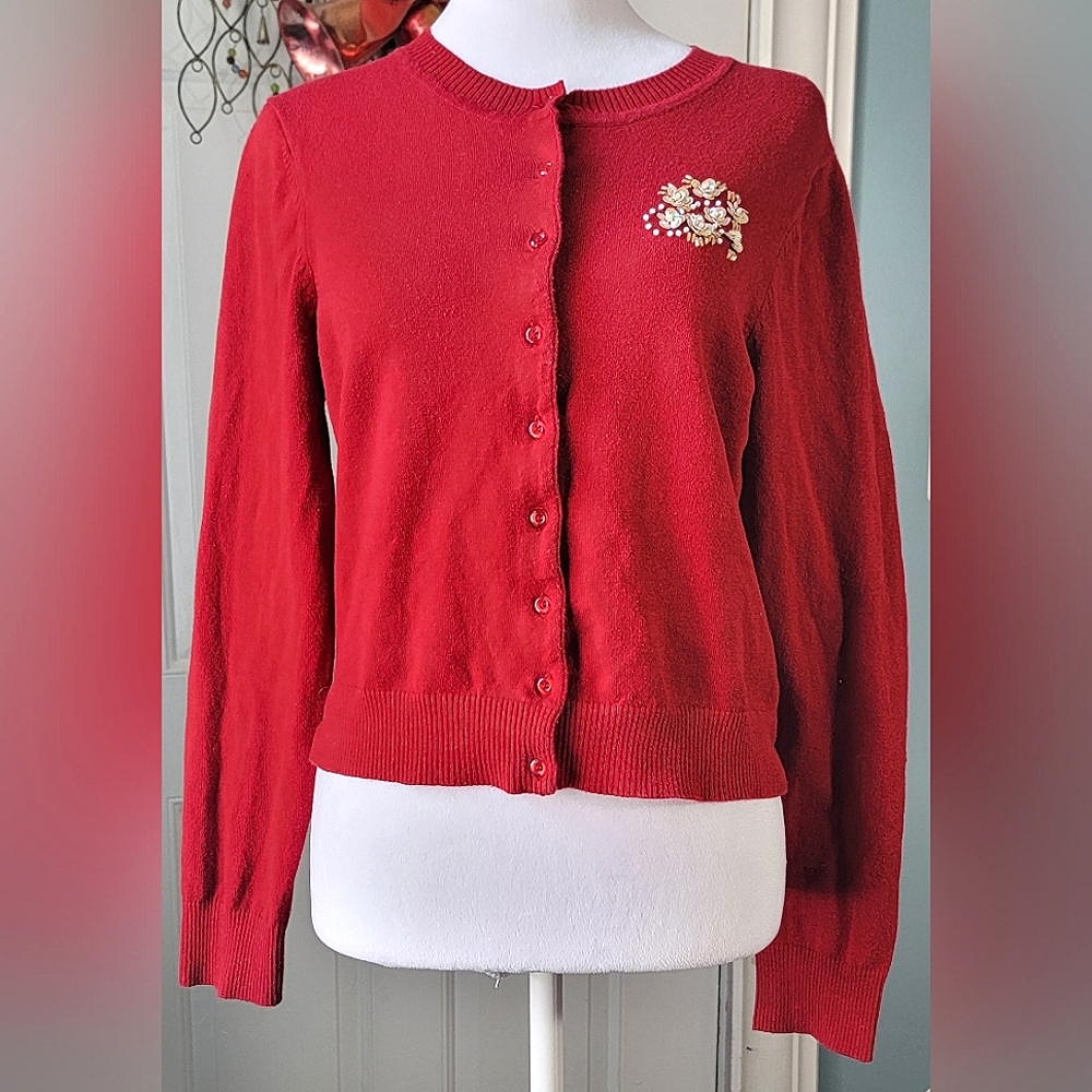 Y2K Vintage Cardigan Juniors XL Red w/ Sheer Lace Back Sequin & Floral Detail